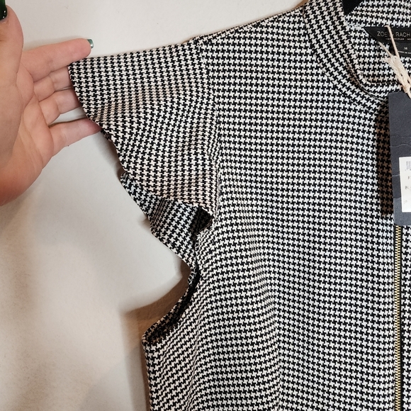 NWT Rachel Zoe Flutter Sleeve A-Line Dress Black White Plaid Houndstooth Size 14 - Picture 3 of 15